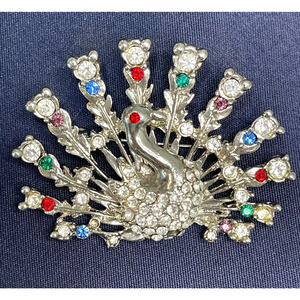 Vintage Peacock Bird Brooch Pin Multicolor Rhinestone Silver Toned Figural